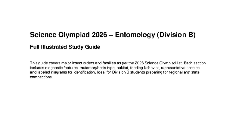 Science Olympiad 2026 Entomology Division B Study Guide - Studocu