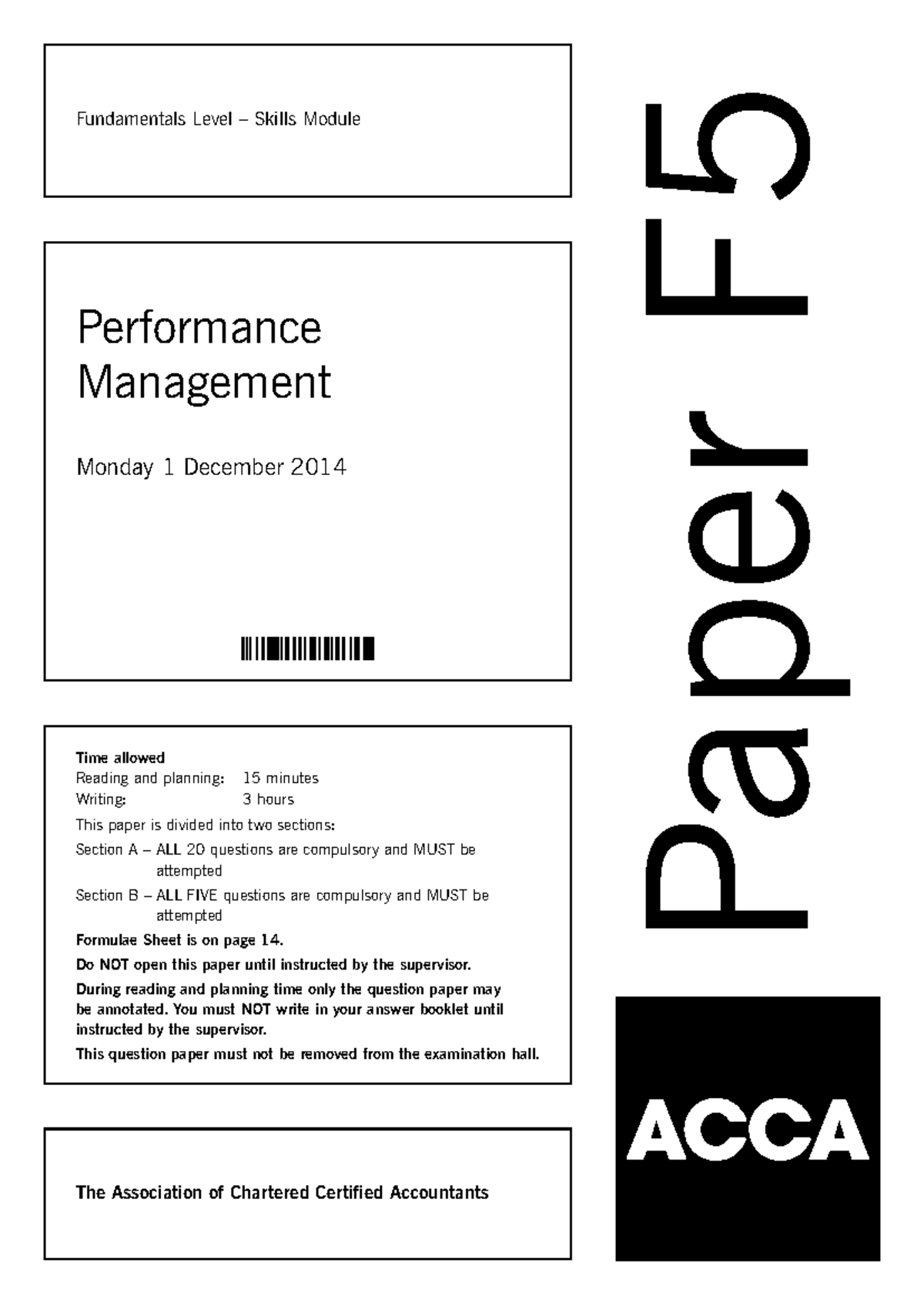 ACCA F5 Performance Management Exam Paper - December 2014 - Studocu