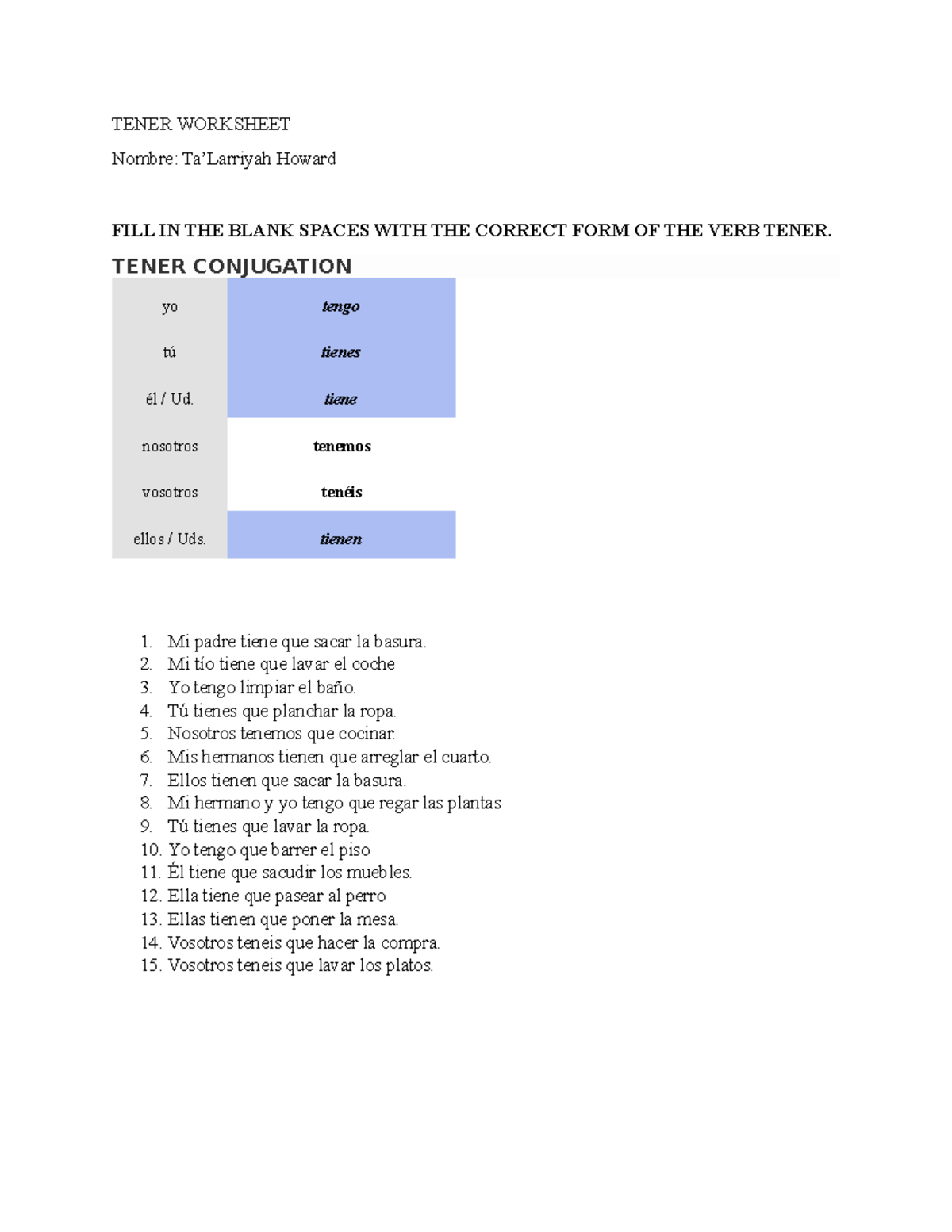 Tener Worksheet: Conjugation Practice and Fill-in Exercises - Studocu