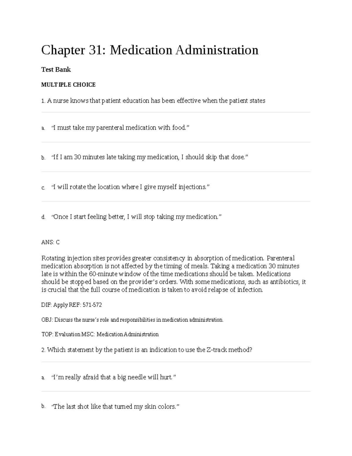 NR 224 Chapter 31 - Medication Administration Test Bank Review - Studocu