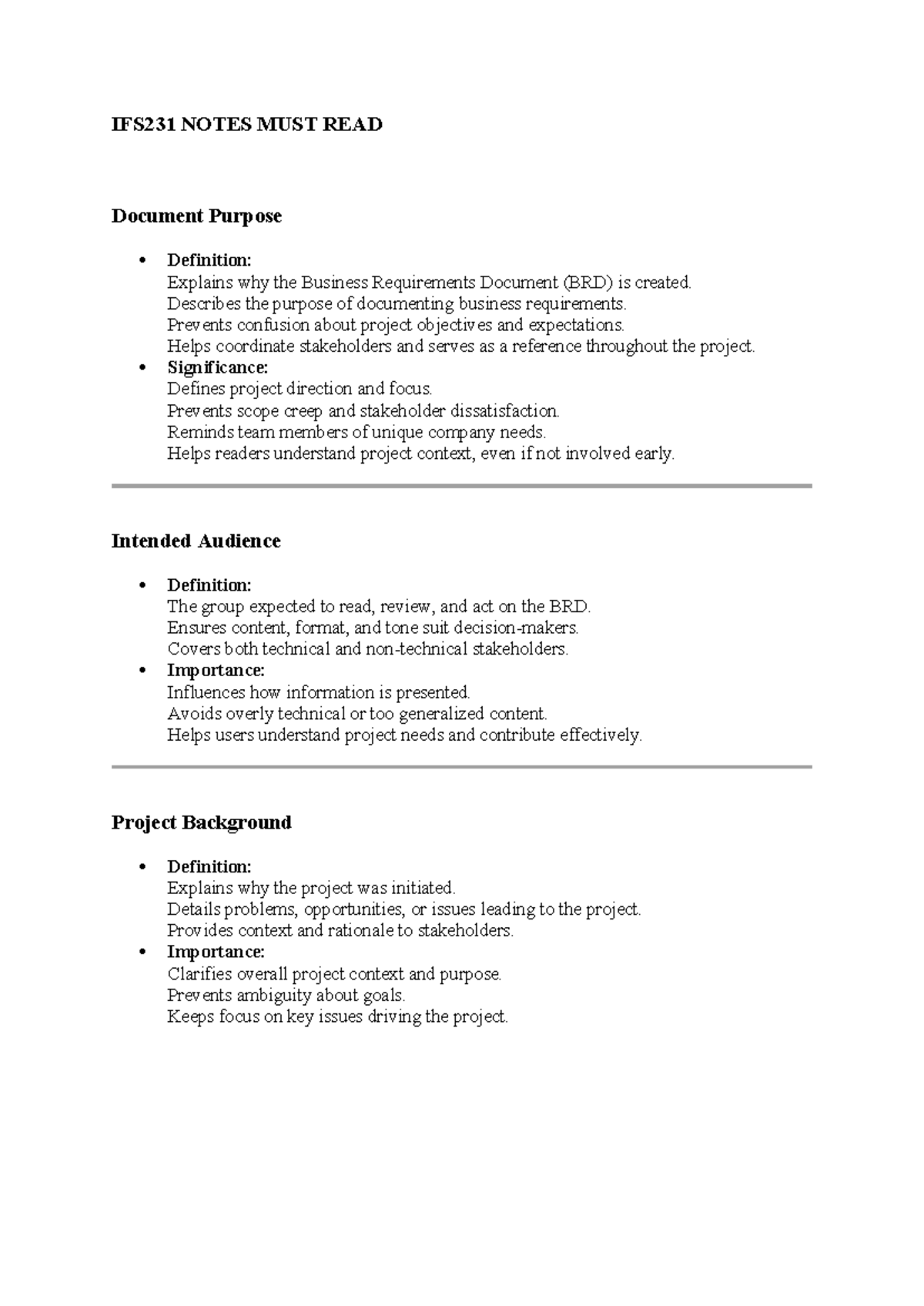 IFS231 Business Requirements Document (BRD) Overview Notes - Studocu