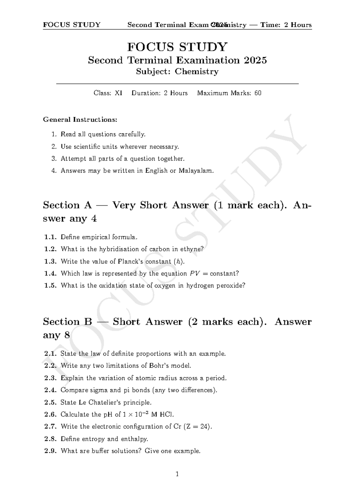 Chemistry XI Second Terminal Exam Study Guide 2025 - Studocu
