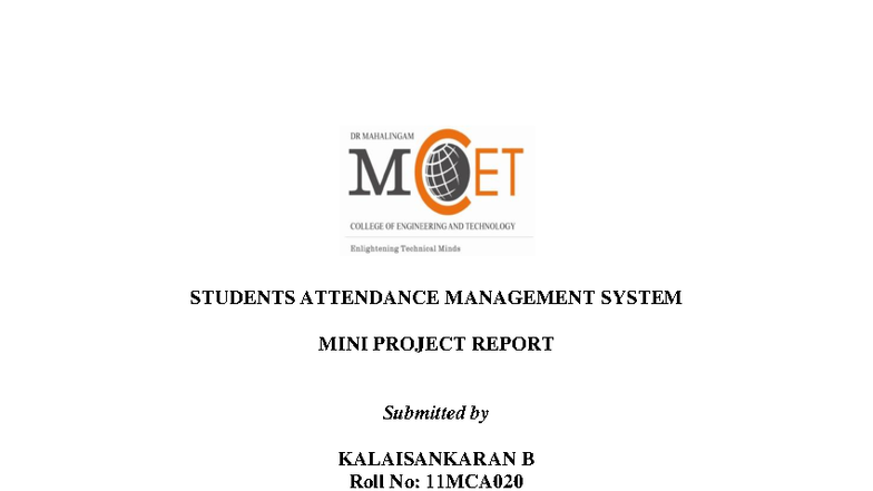 Attendance Management System Mini Project Report - MCA 11MCA020 - Studocu
