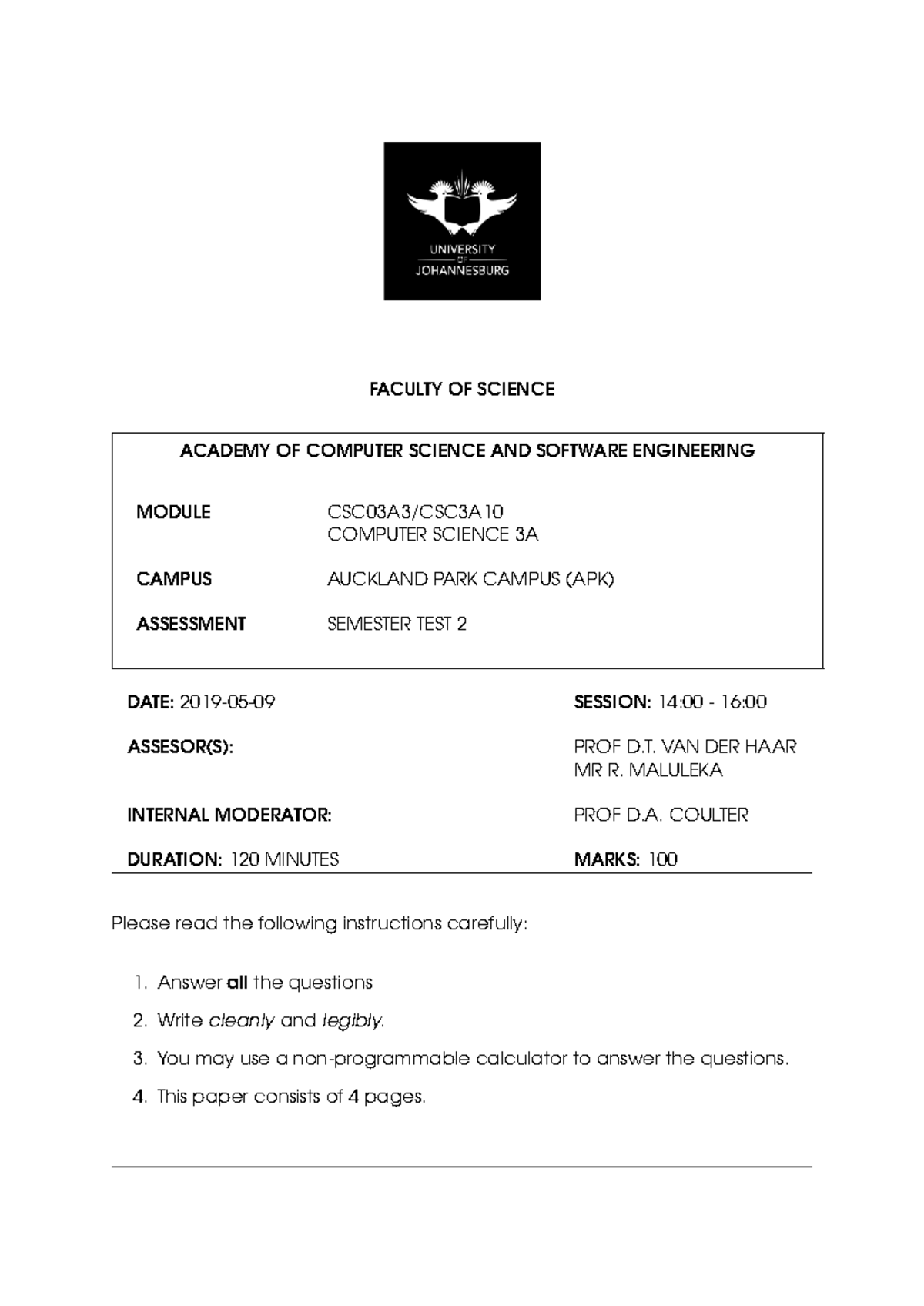 Computer Science 3A Semester Test 2 (Auckland Park Campus) - Studocu