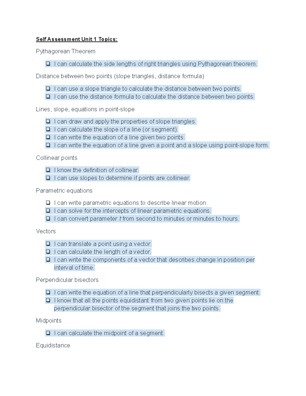 Unit 1 Self Assessment - Geometry: Pythagorean Theorem & More - Studocu