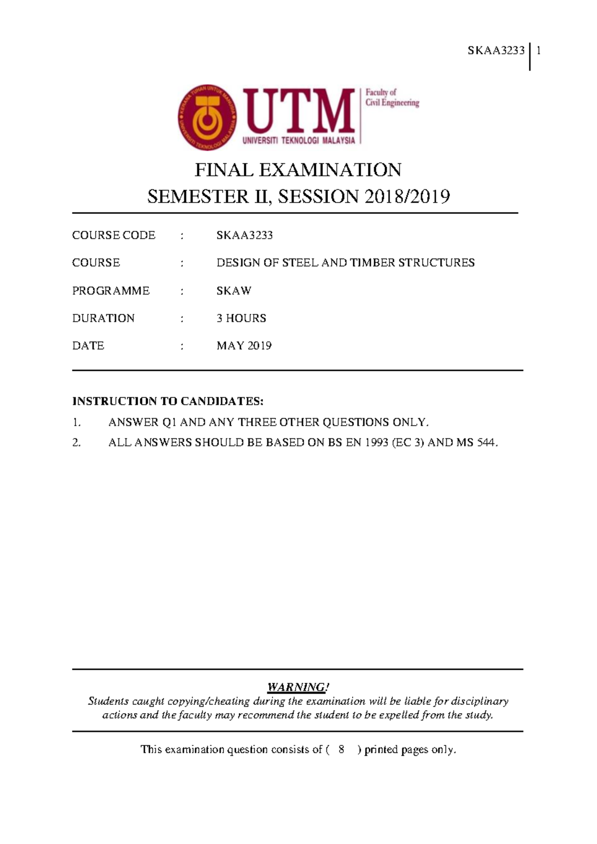 Steel Design of Structures Final Exam SKAA - Semester II, 2019 - Studocu