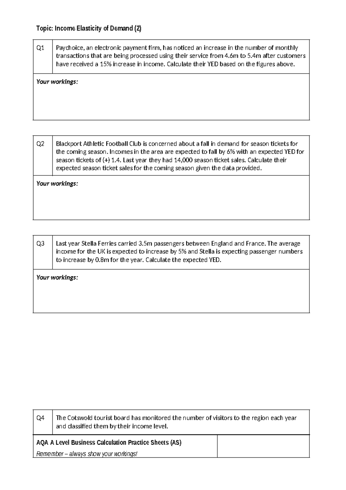 AQA A Level Business: Income Elasticity of Demand Calculations - Studocu
