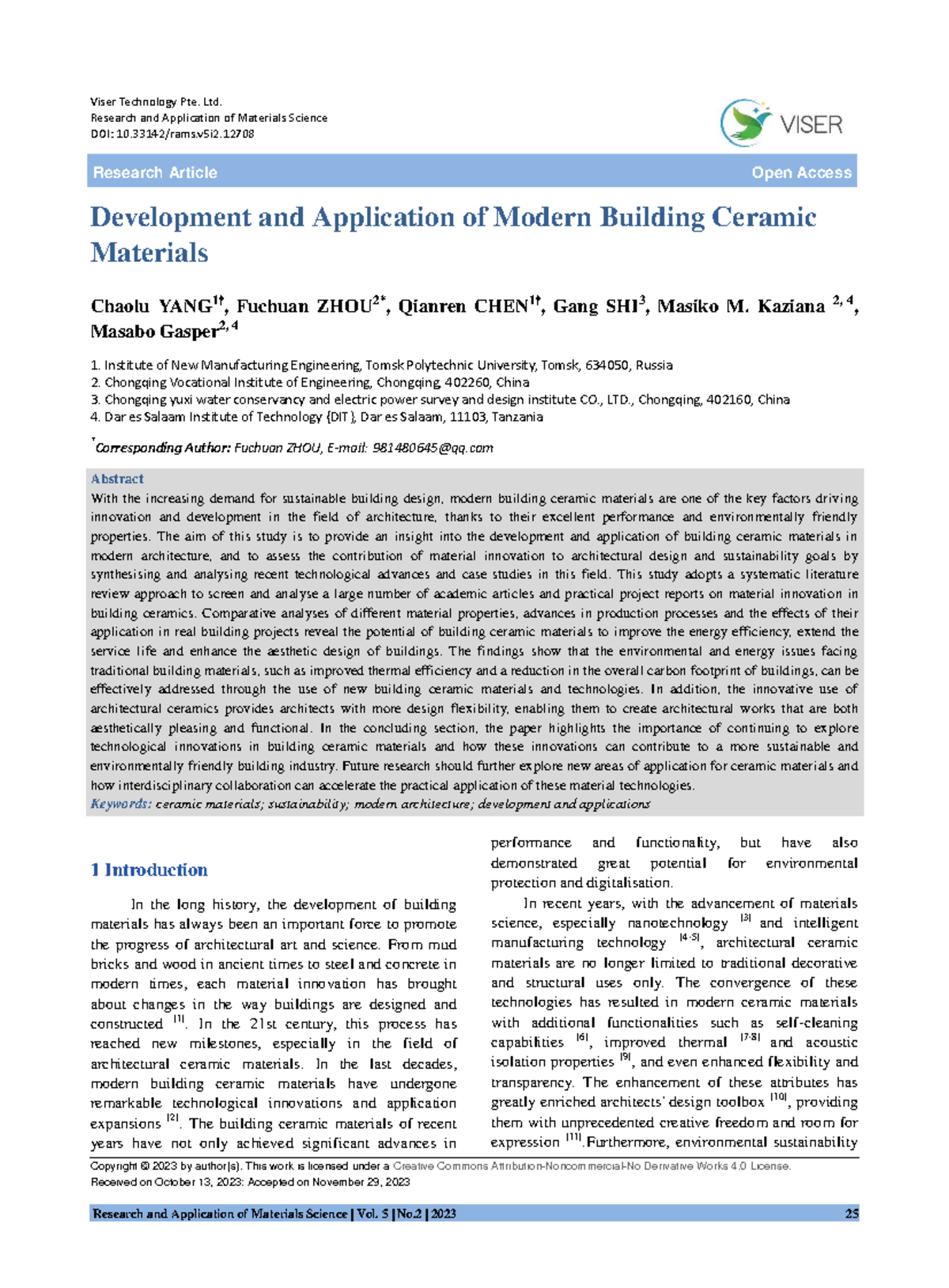 Research Article: Development & Application of Modern Building Ceramics ...