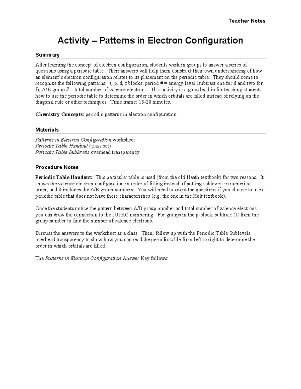 Chemistry 101: Teacher Notes on Patterns in Electron Configuration ...
