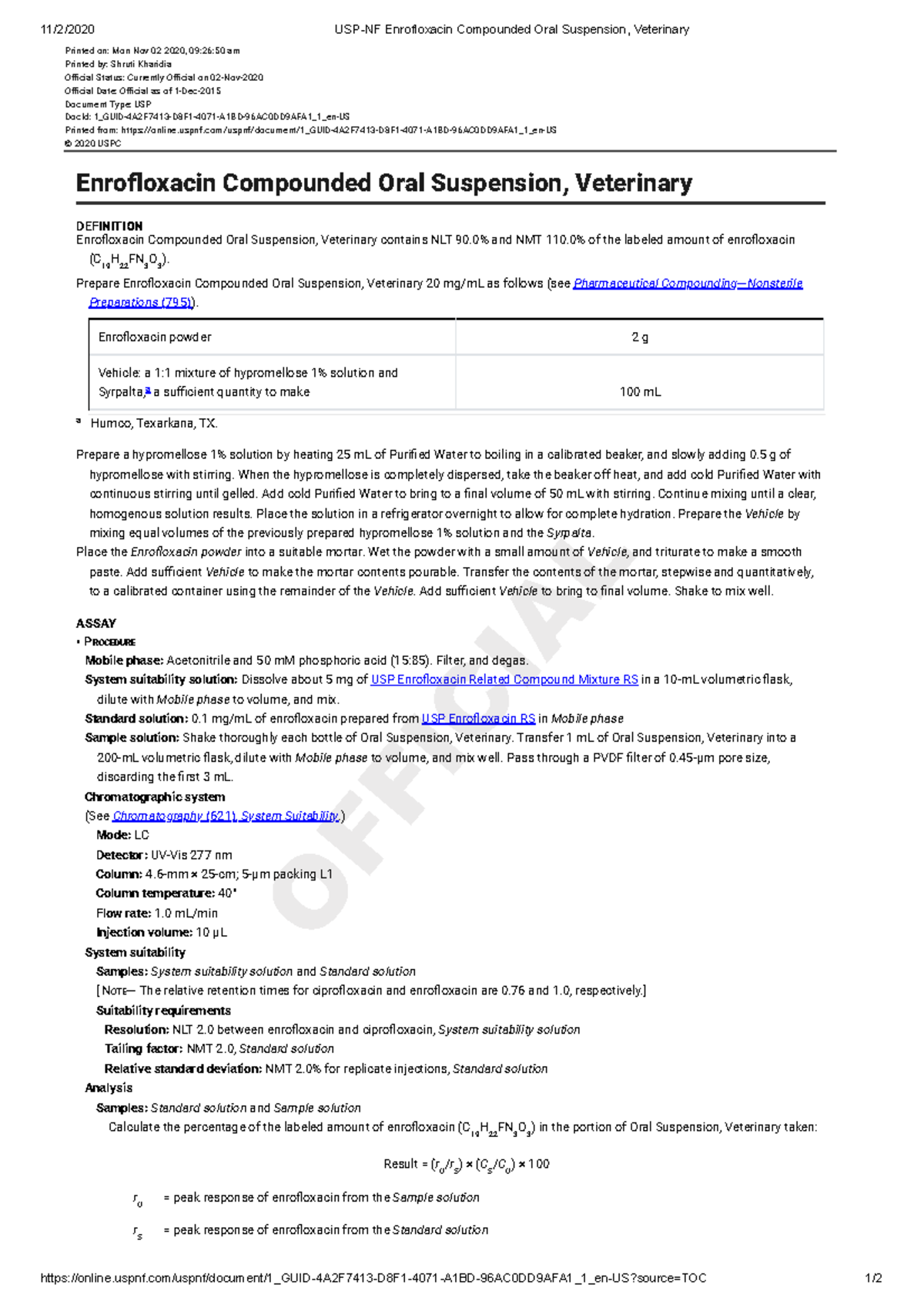 USP-NF Enrofloxacin Oral Suspension: Veterinary Compounding Guide - Studocu