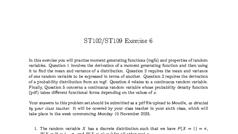 ST102 Moment Generating Functions & Random Variables Exercise 6 - Studocu