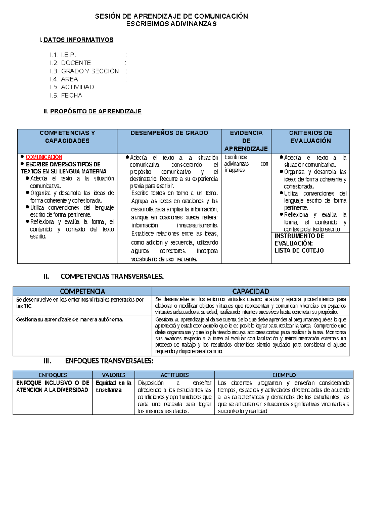 Escritura de Adivinanzas en Comunicación - I.E. Actividad de ...