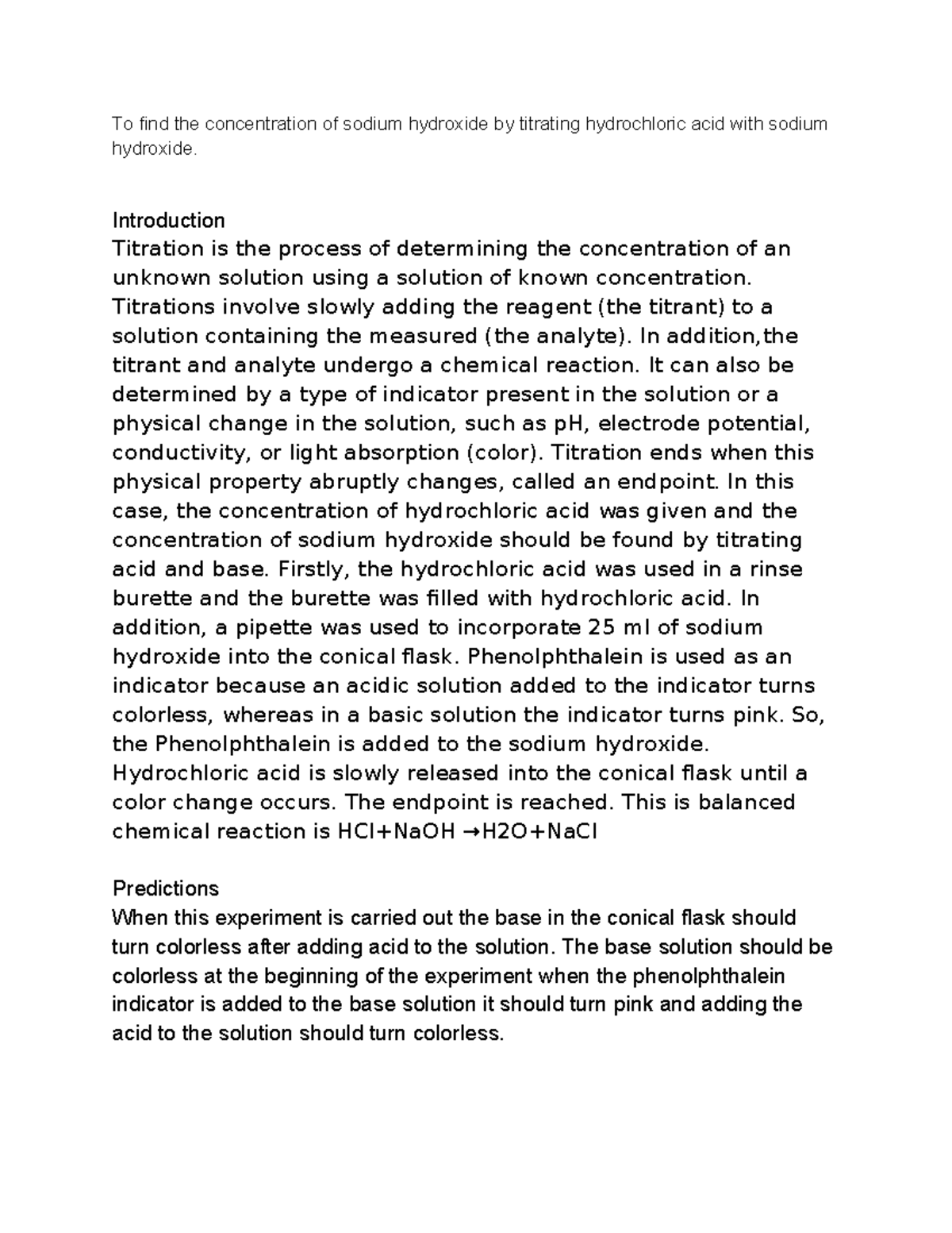 Titration Lab Report - ssssssssssssssssssss - To find the concentration ...