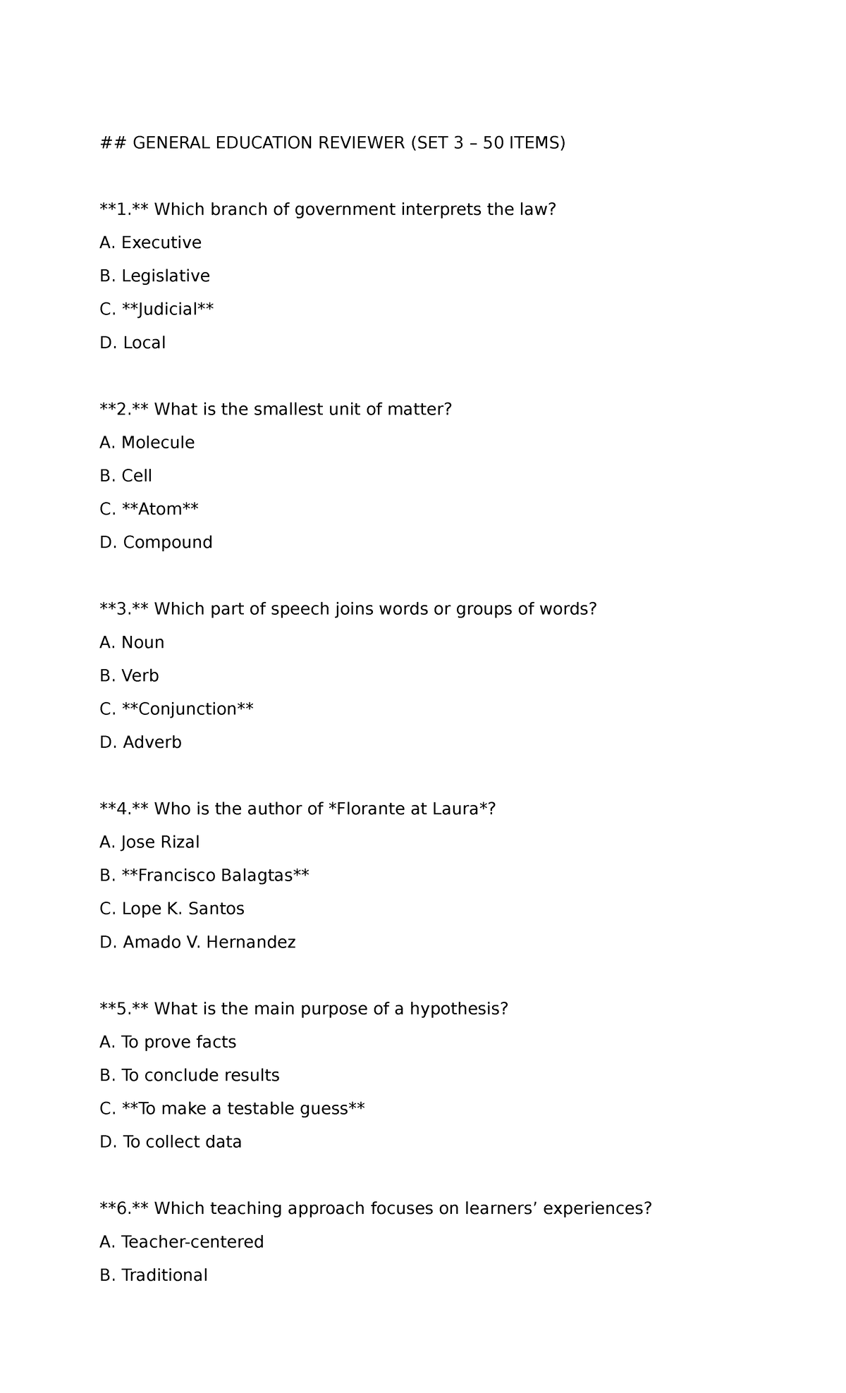 GENERAL EDUCATION REVIEWER (SET 3 - 50 ITEMS) - Studocu
