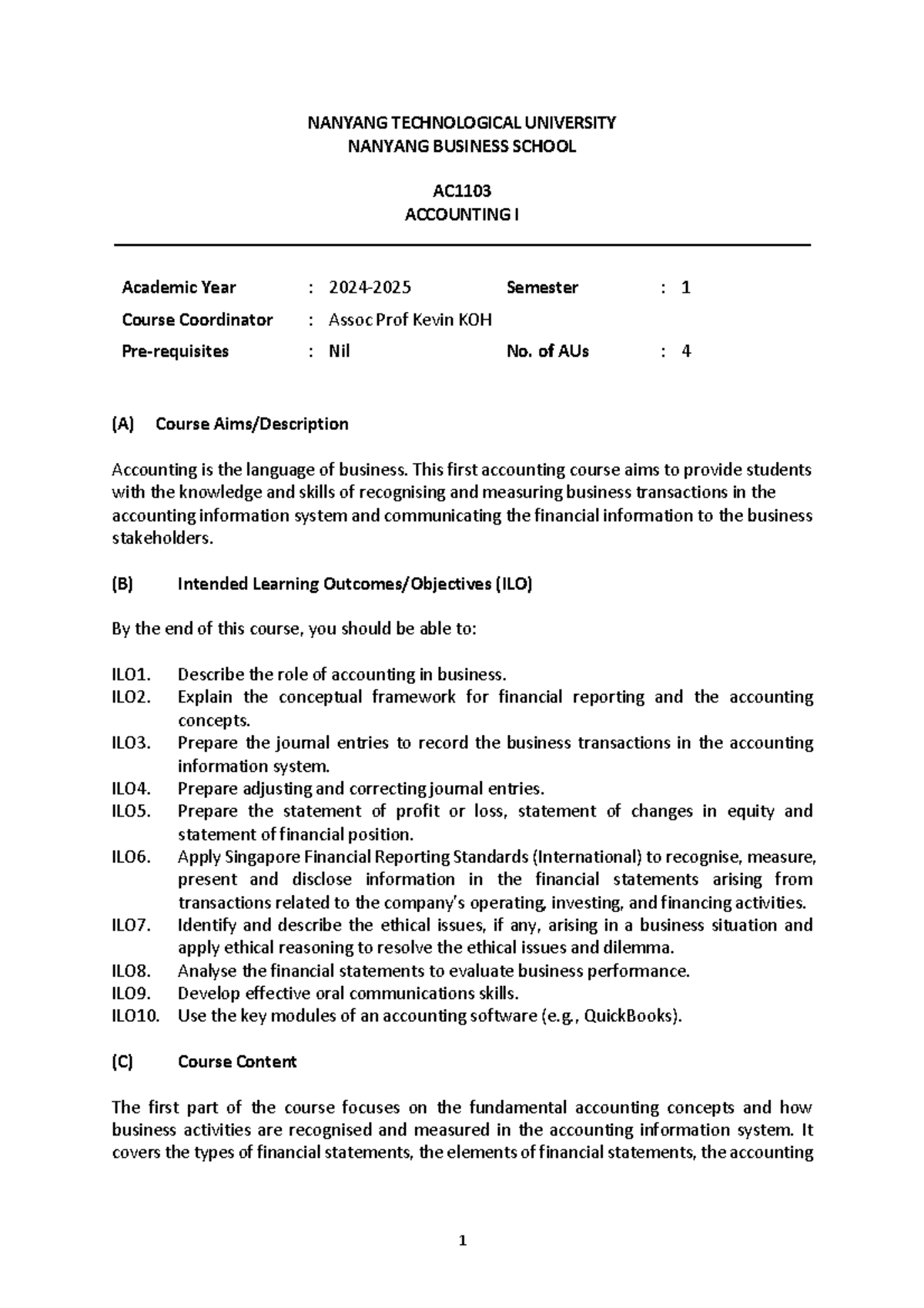 2425 S1 AC1103 Accounting I Course Outline and Learning Objectives ...