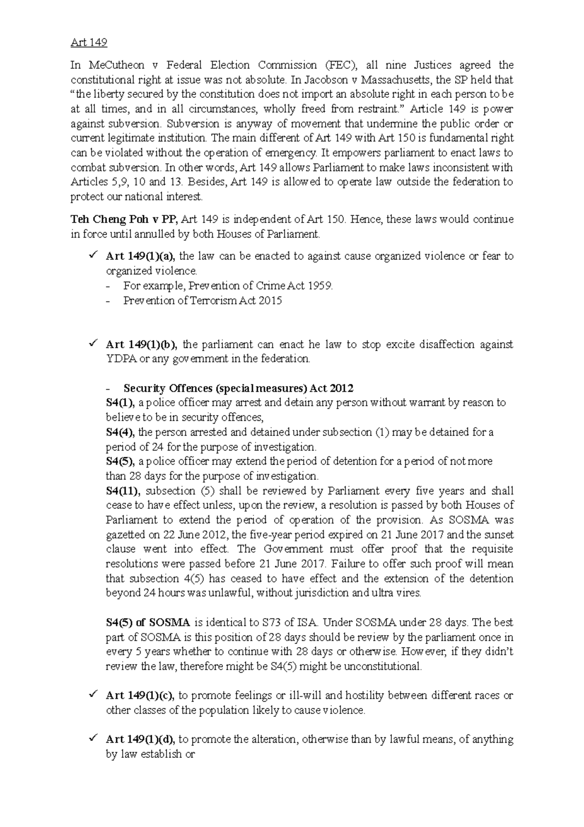 Analysis of Article 149: Protecting National Security and Rights - Studocu