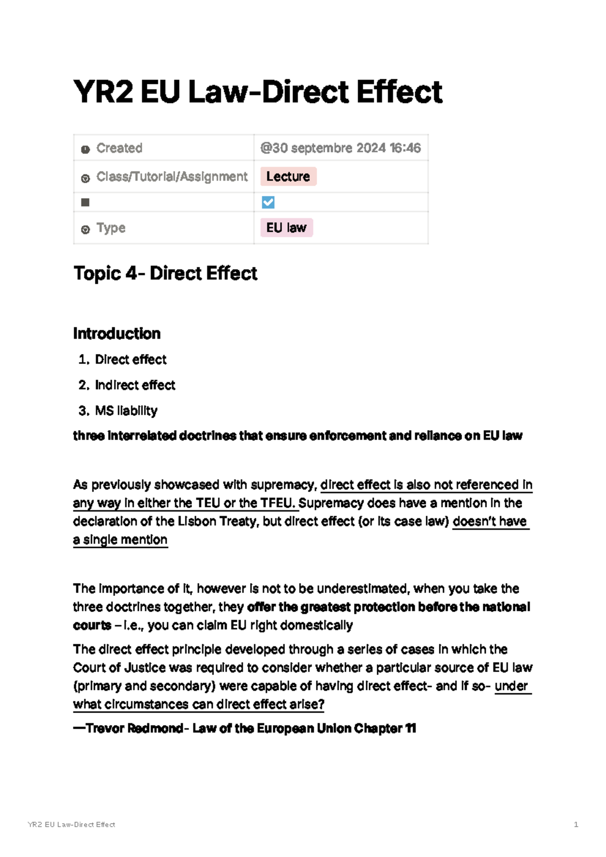 YR2 EU Law Direct Effect - Lecture Notes on Key Doctrines - Studocu