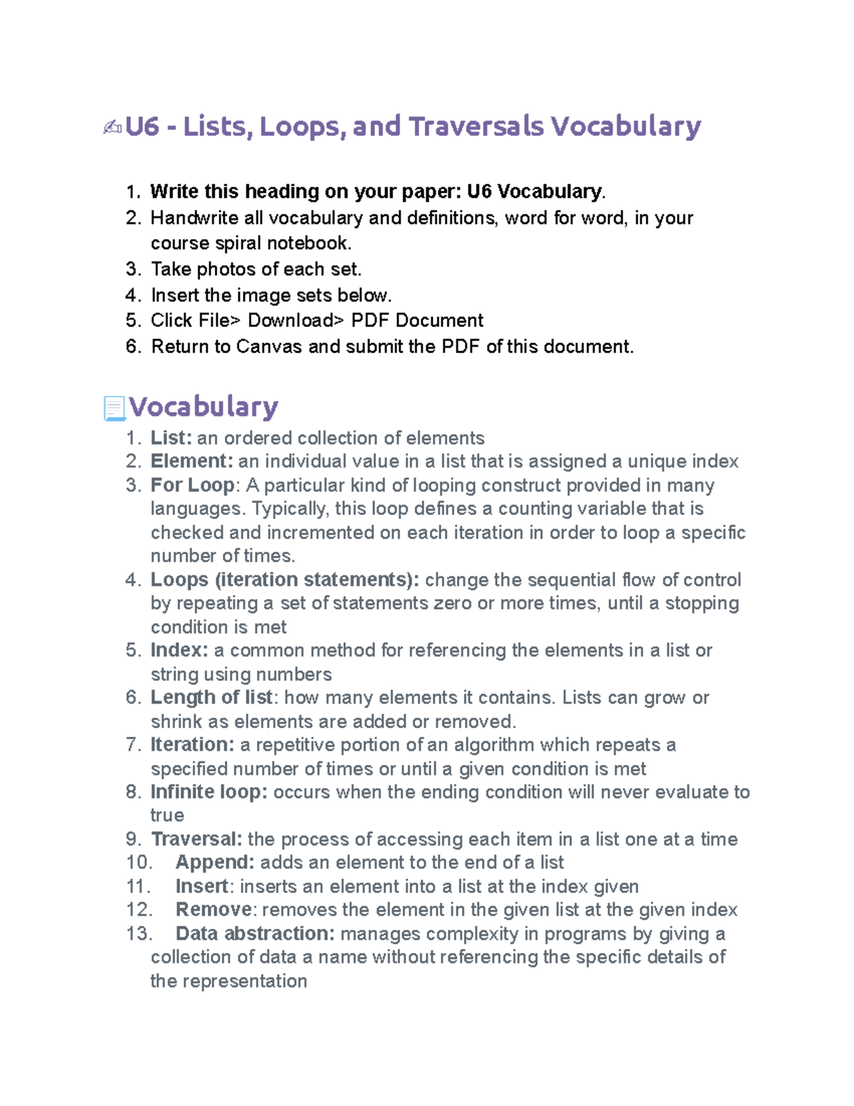 U6 Lists, Loops, and Traversals Vocabulary Notes - Studocu