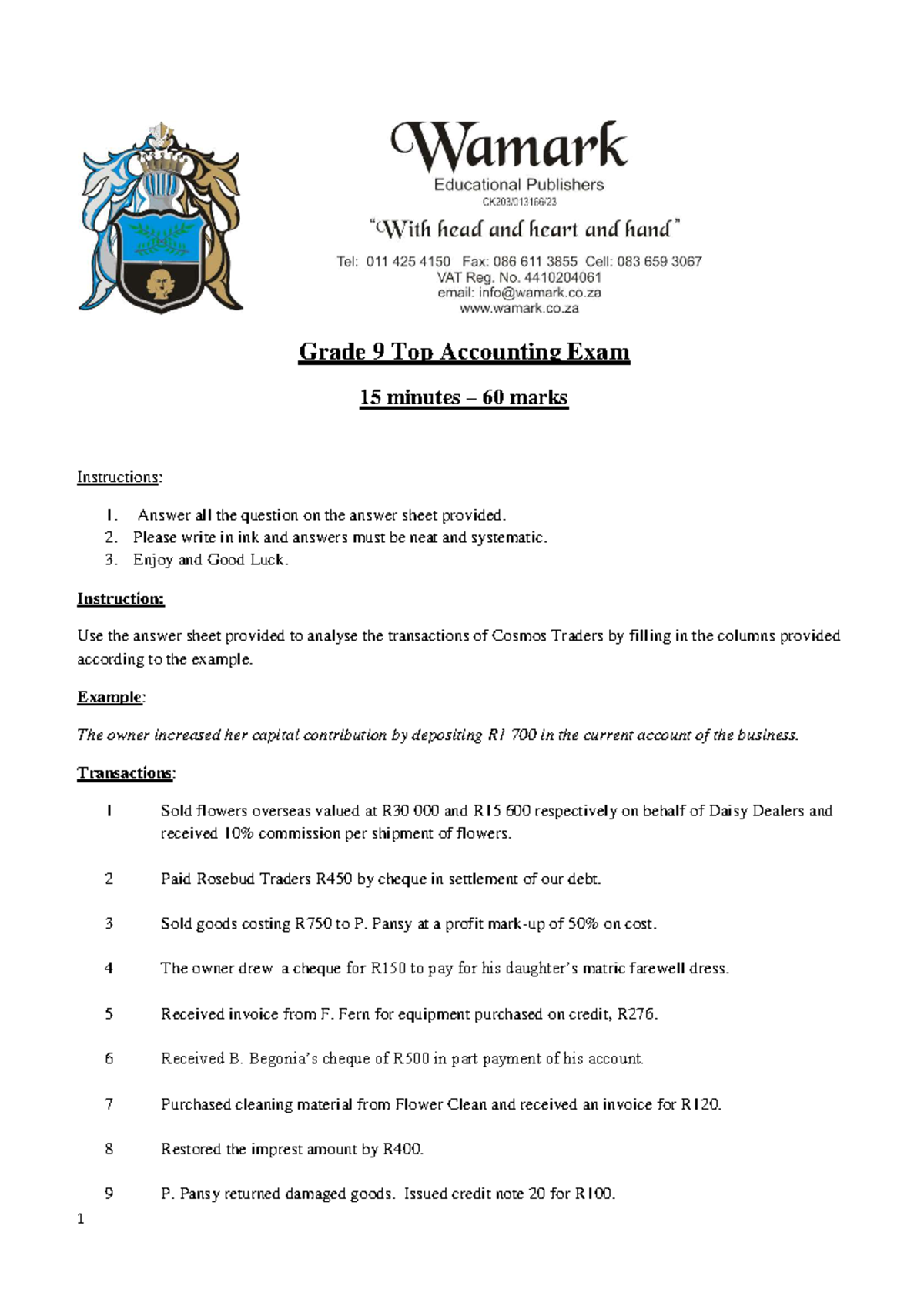 Grade 9 Accounting Exam: November 2023 - Accounting Equation - Studocu