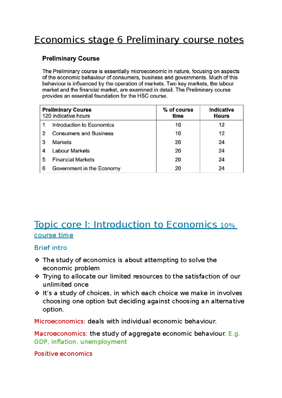 Economics Stage 6 Preliminary Course Notes: Core Topic I Overview - Studocu