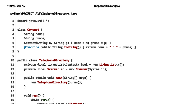 Telephone Directory Implementation - Java Code Notes - Studocu