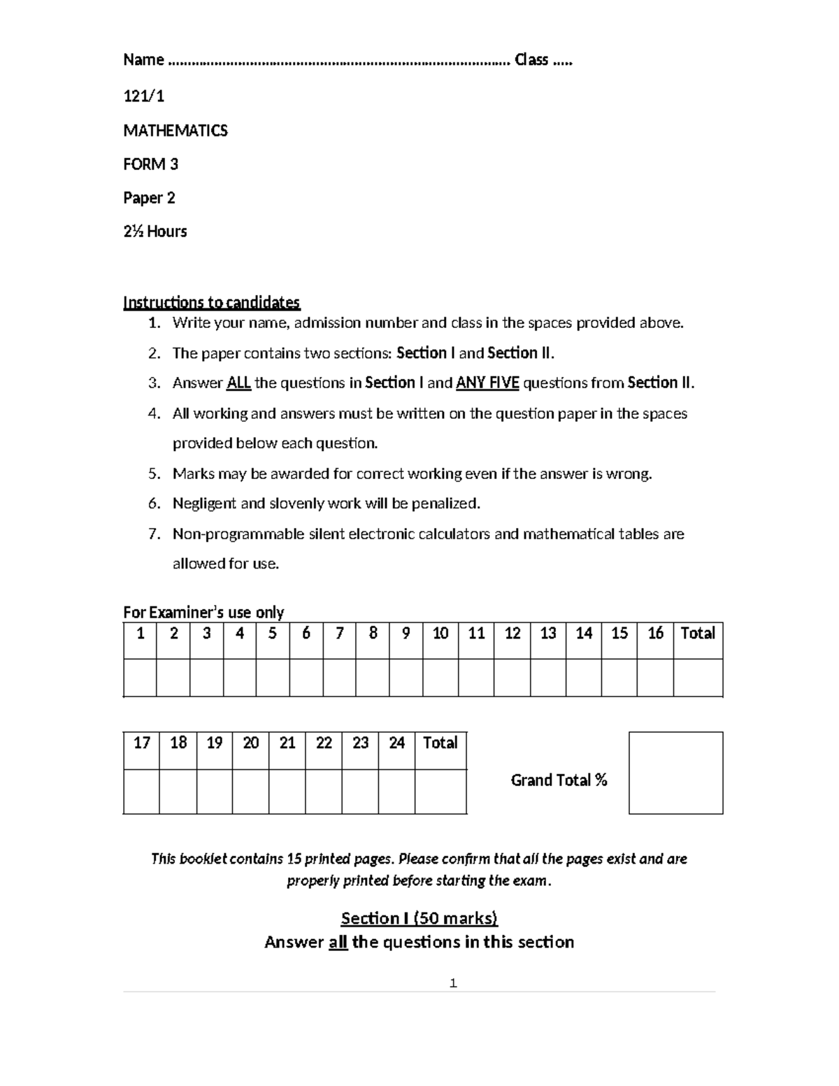 Mathematics Form 3 Paper 2 Exam with Marking Scheme - Studocu