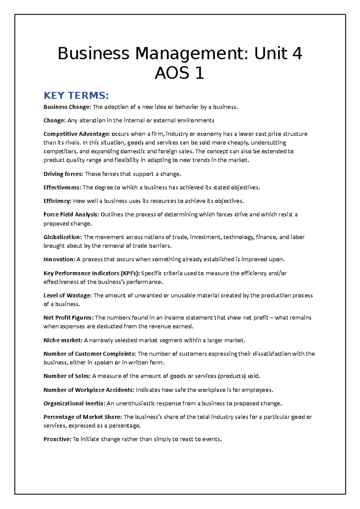 Unit 4 AOS 1 - Essential Business Management Key Terms - Studocu