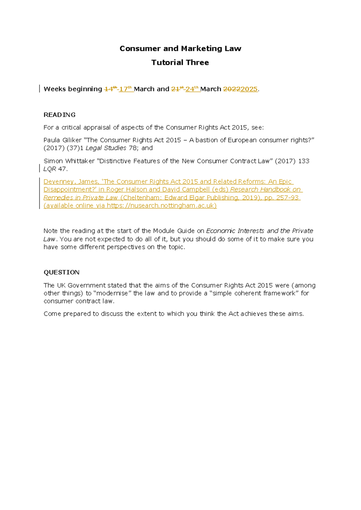 CML 2025 Tutorial 3: Critical Appraisal of Consumer Rights Act - Studocu