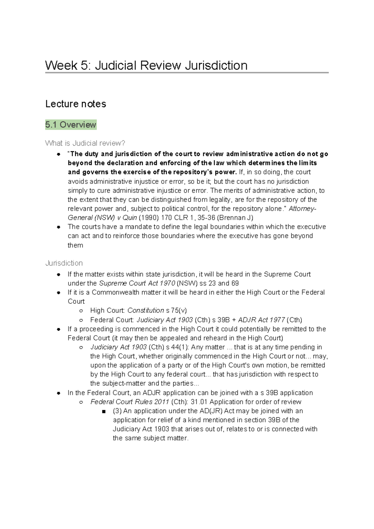 Administrative Law Lecture Notes: Week 5 & 6 Overview (LAW 101) - Studocu