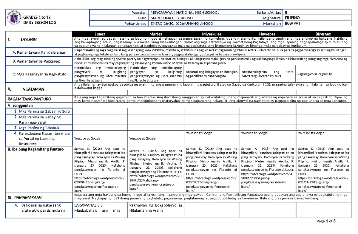 WEEK 1 DAILY LESSON LOG FOR FILIPINO GRADES 1-12 (Q4) - Studocu