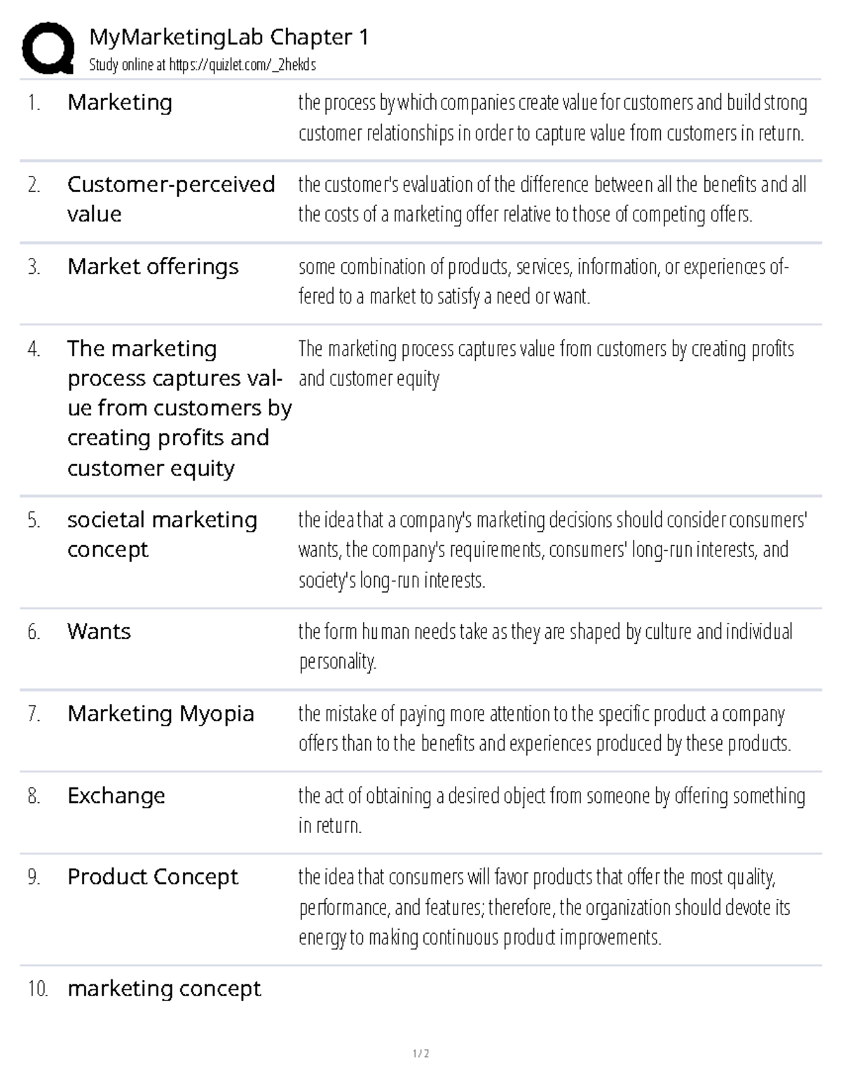 MyMarketingLab MKT 101 Chapter 1 Study Guide: Marketing Basics - Studocu