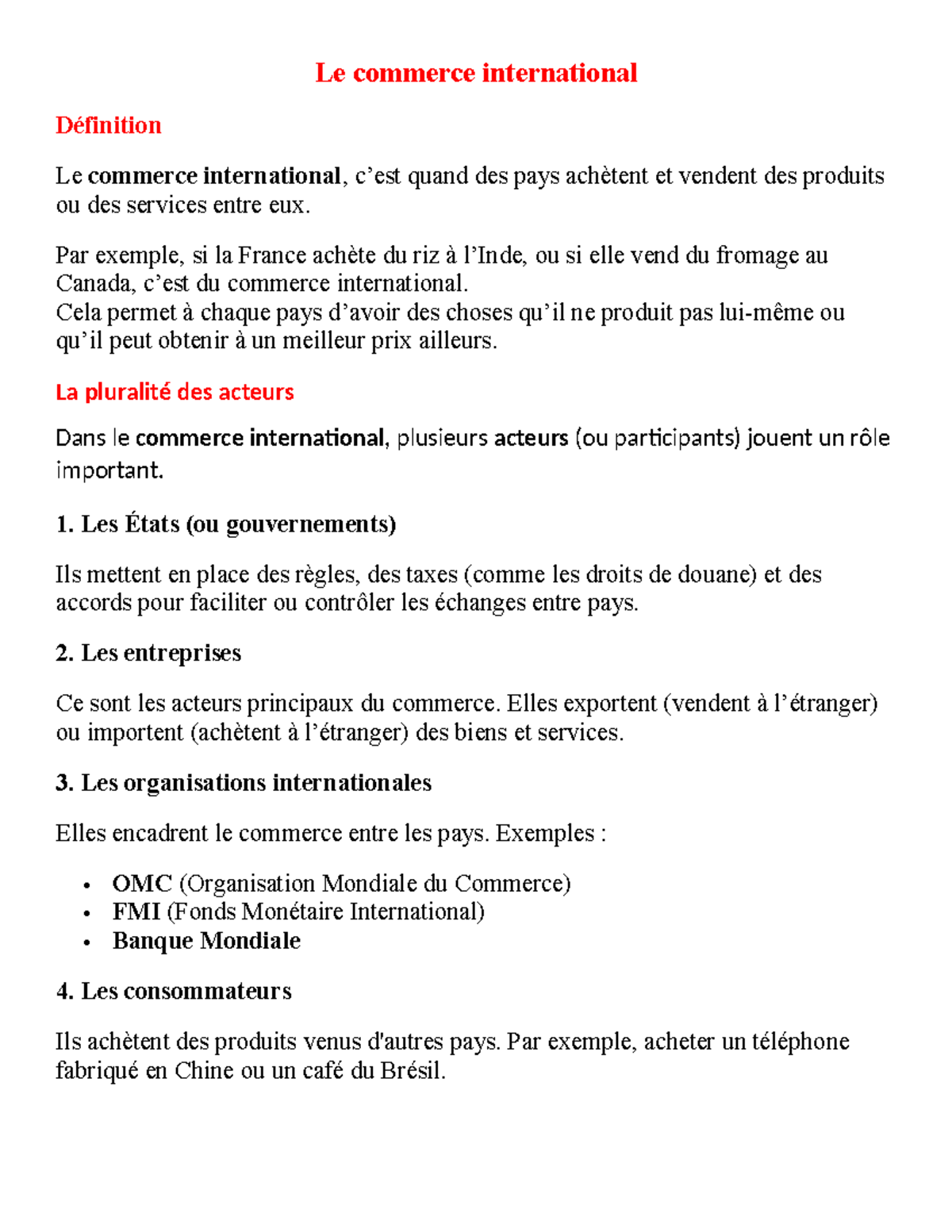 Commerce International : Définition et Acteurs Clés - Studocu