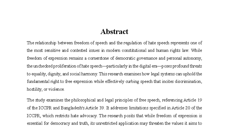 Legal Regulation of Hate Speech in the Context of Freedom of Speech: A ...