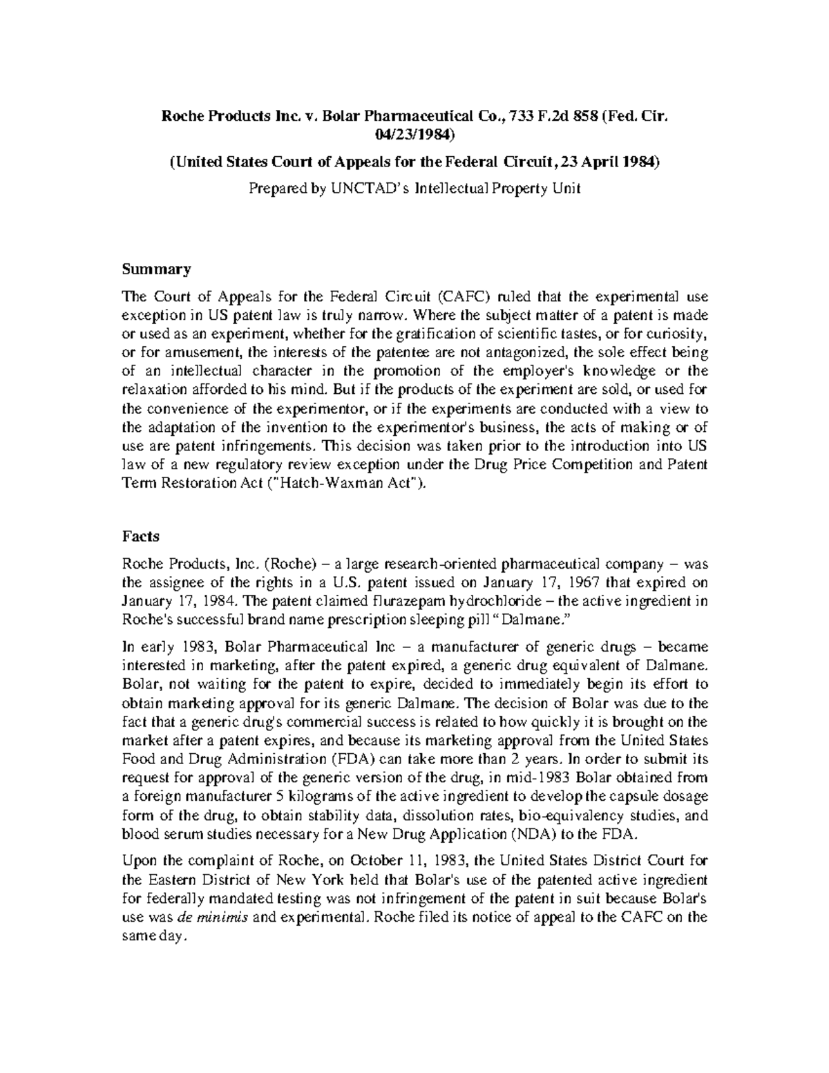 Roche v. Bolar Pharmaceutical Co. - CAFC Patent Law Summary - Studocu