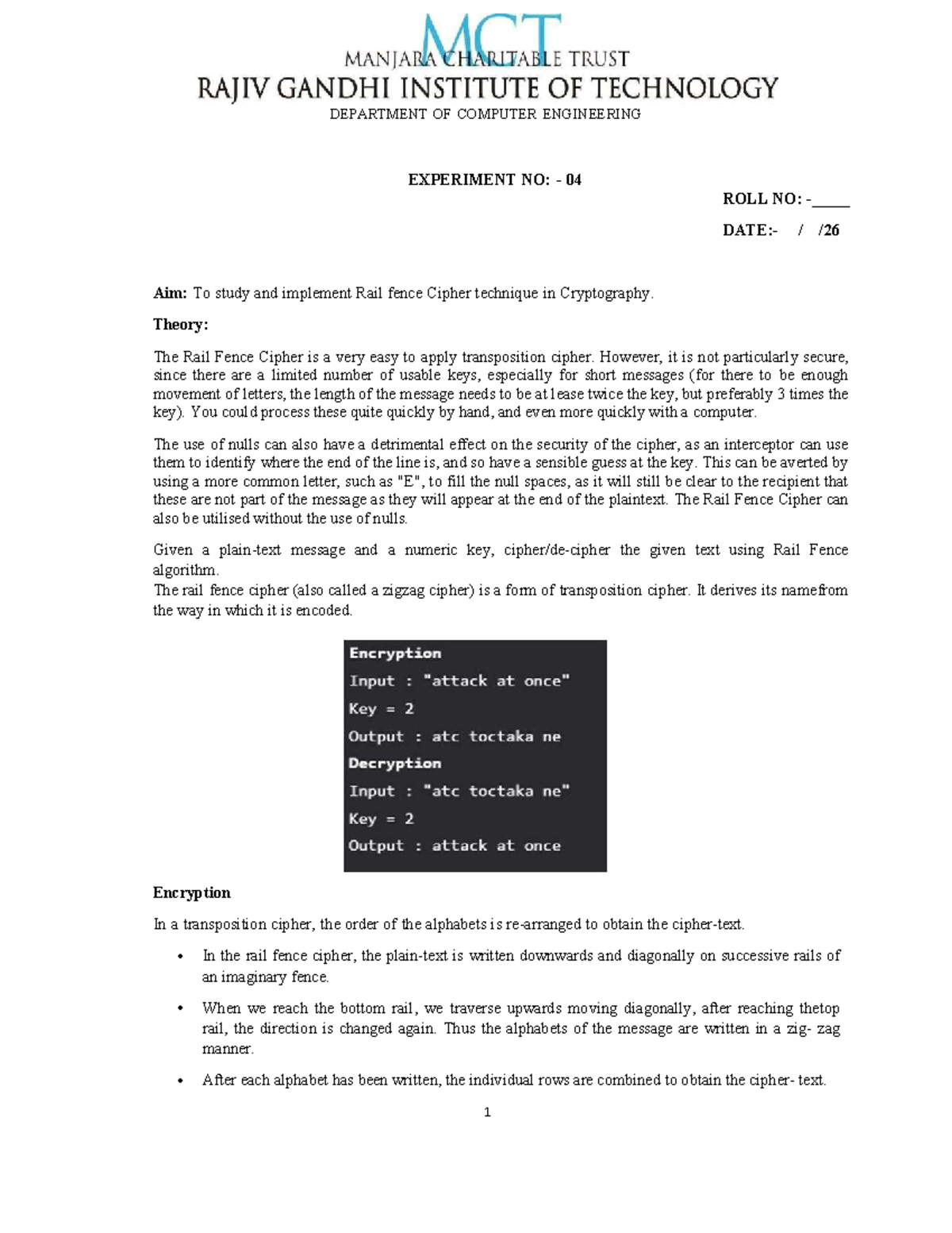 Rail Fence Cipher Technique in Cryptography - Exp 04 - Studocu