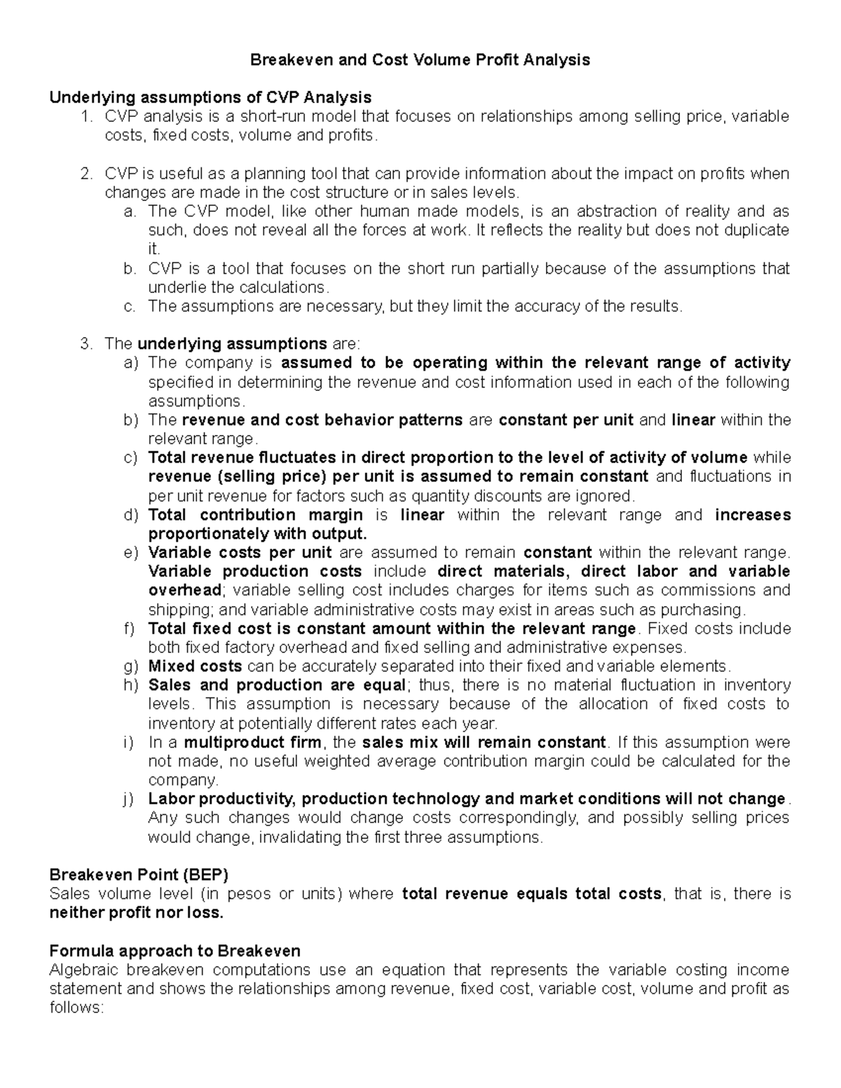 COST - CVP Analysis and Breakeven Point Calculations - Studocu
