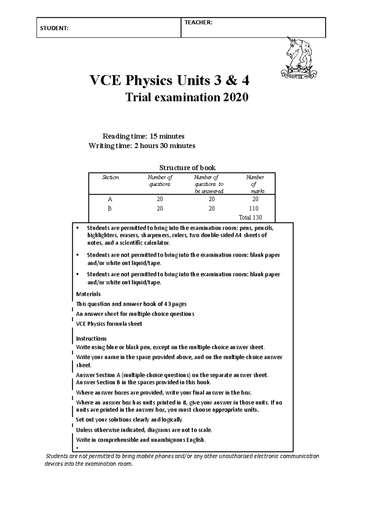 2020 VCE Physics Units 3 & 4 Trial Exam Practice Questions - Studocu