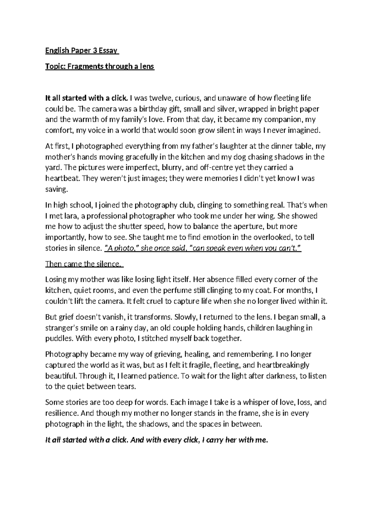 ENG Paper 3 Essay: Fragments Through a Lens of Grief and Healing - Studocu