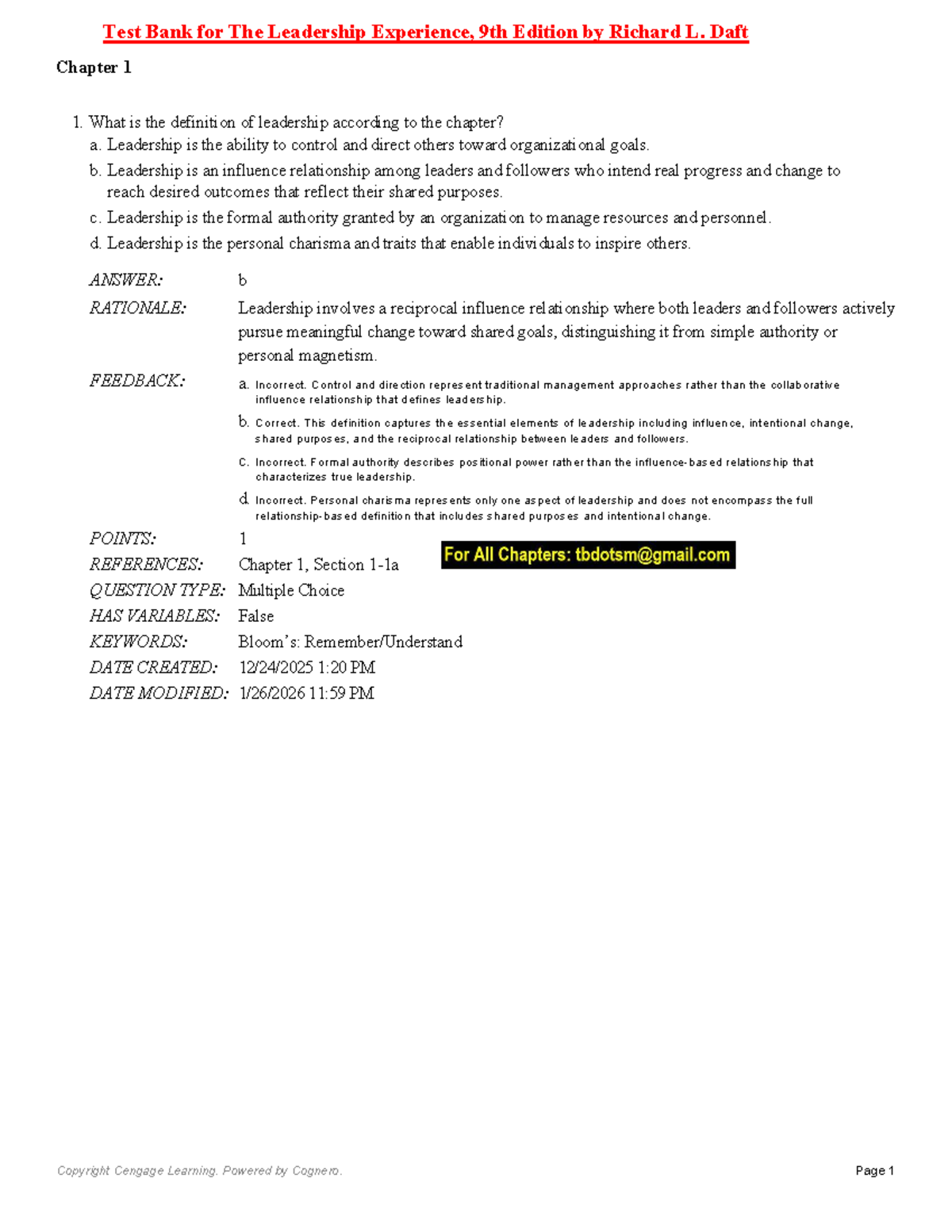 Test Bank for The Leadership Experience (9th Ed) - Chapter 1 Insights ...