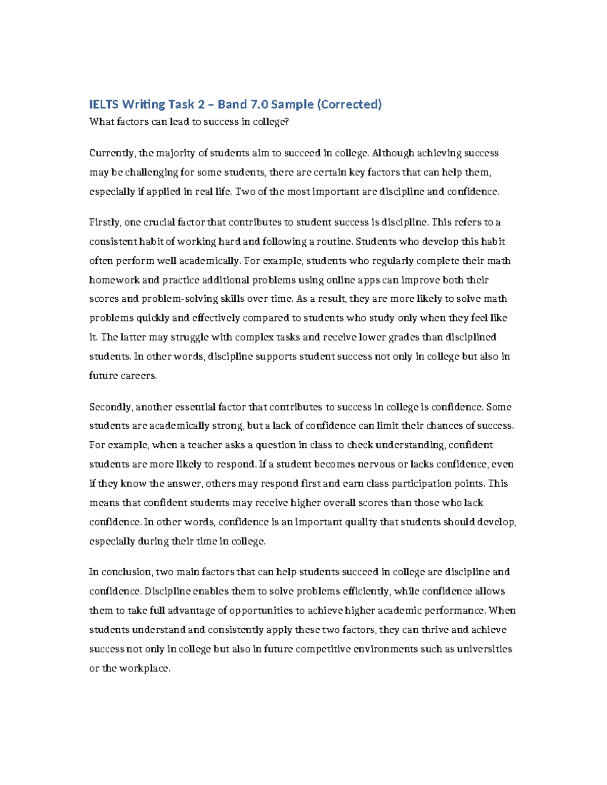 Ielts writing task 2 band 7.0 sample on factors for college success ...
