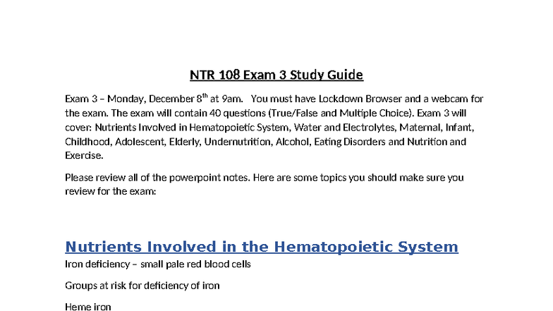 NTR 108 Exam 3 Study Guide: Key Topics for December 8th Exam - Studocu