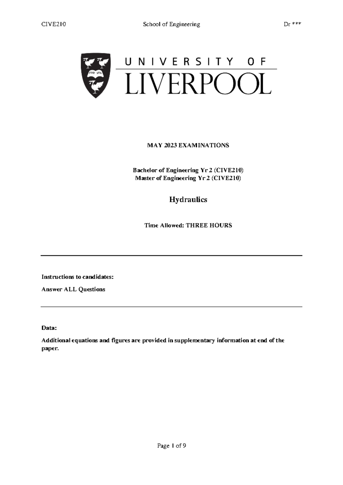 CIVE210 May 2023 Hydraulics Final Exam Questions and Solutions - Studocu