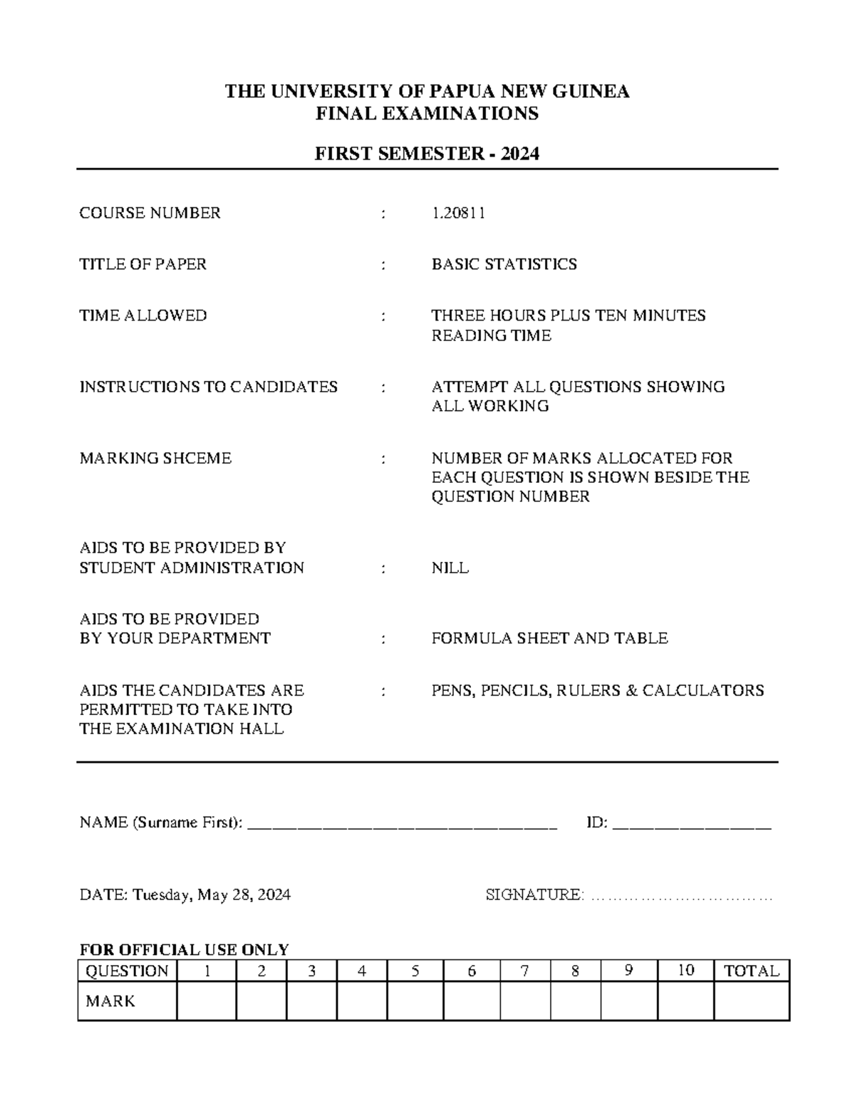 BASIC STATISTICS 1.20811 FINAL EXAM QUESTIONS - SEMESTER 1, 2024 - Studocu