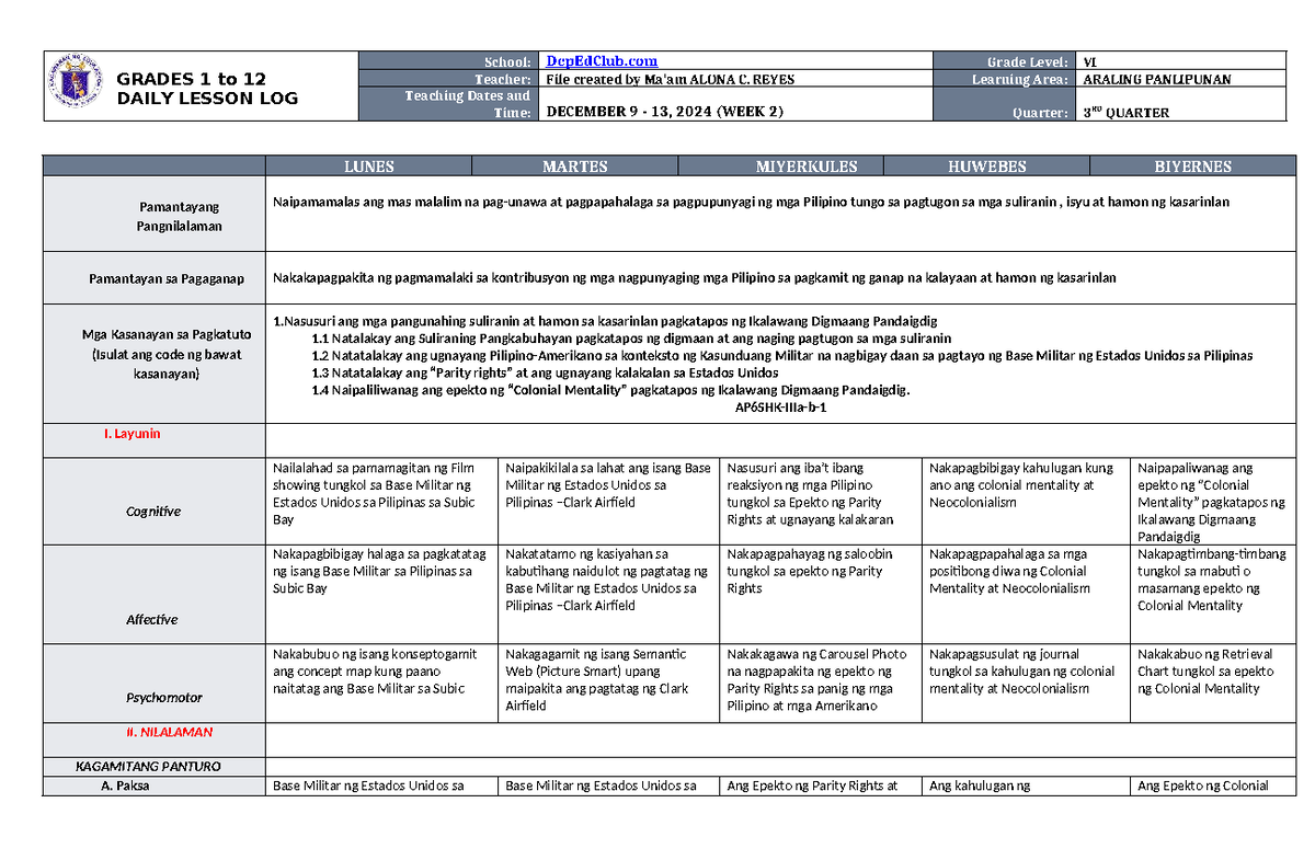DLL Araling Panlipunan 6 Q3 W2 - GRADES 1 to 12 DAILY LESSON LOG School ...