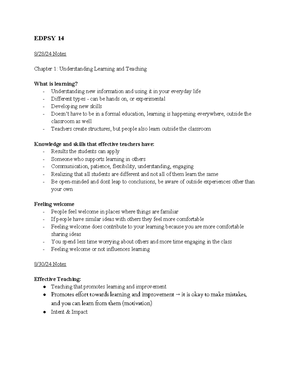 Edpsy 14-2 - Class notes whole semester - EDPSY 14 8/28/24 Notes ...
