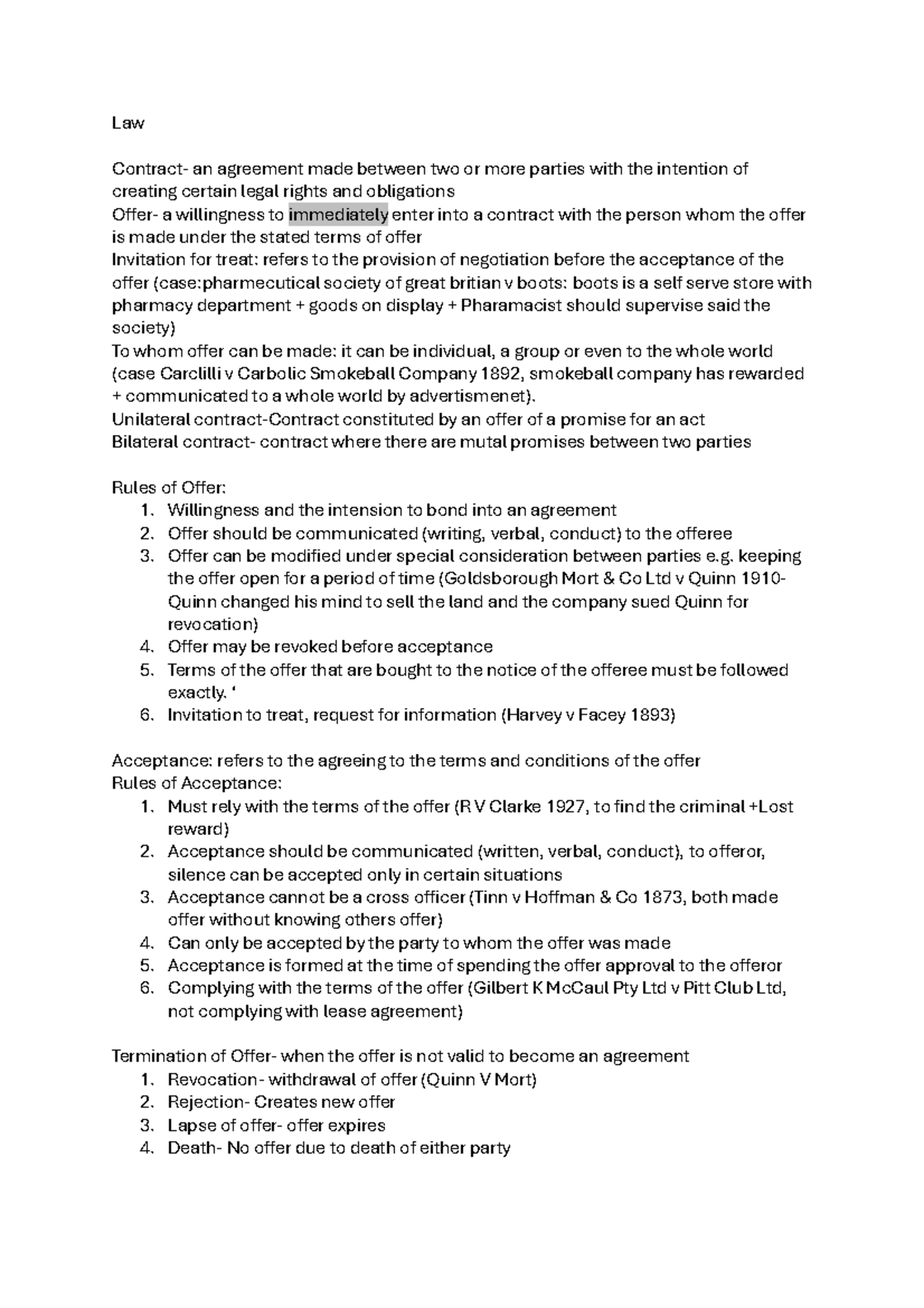 LEGL - Summary of Contract Law Principles and Case Studies - Studocu