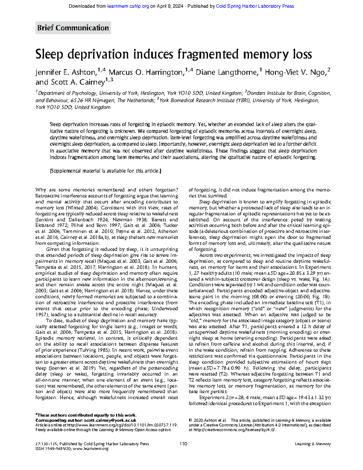 ERIC memory loss - rrl - Brief Communication Sleep deprivation induces ...