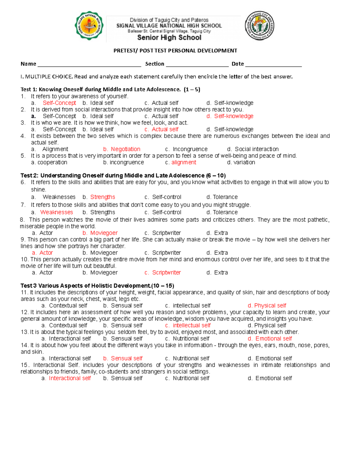 Revised Pretest in Personal Development (Perdev) - Studocu
