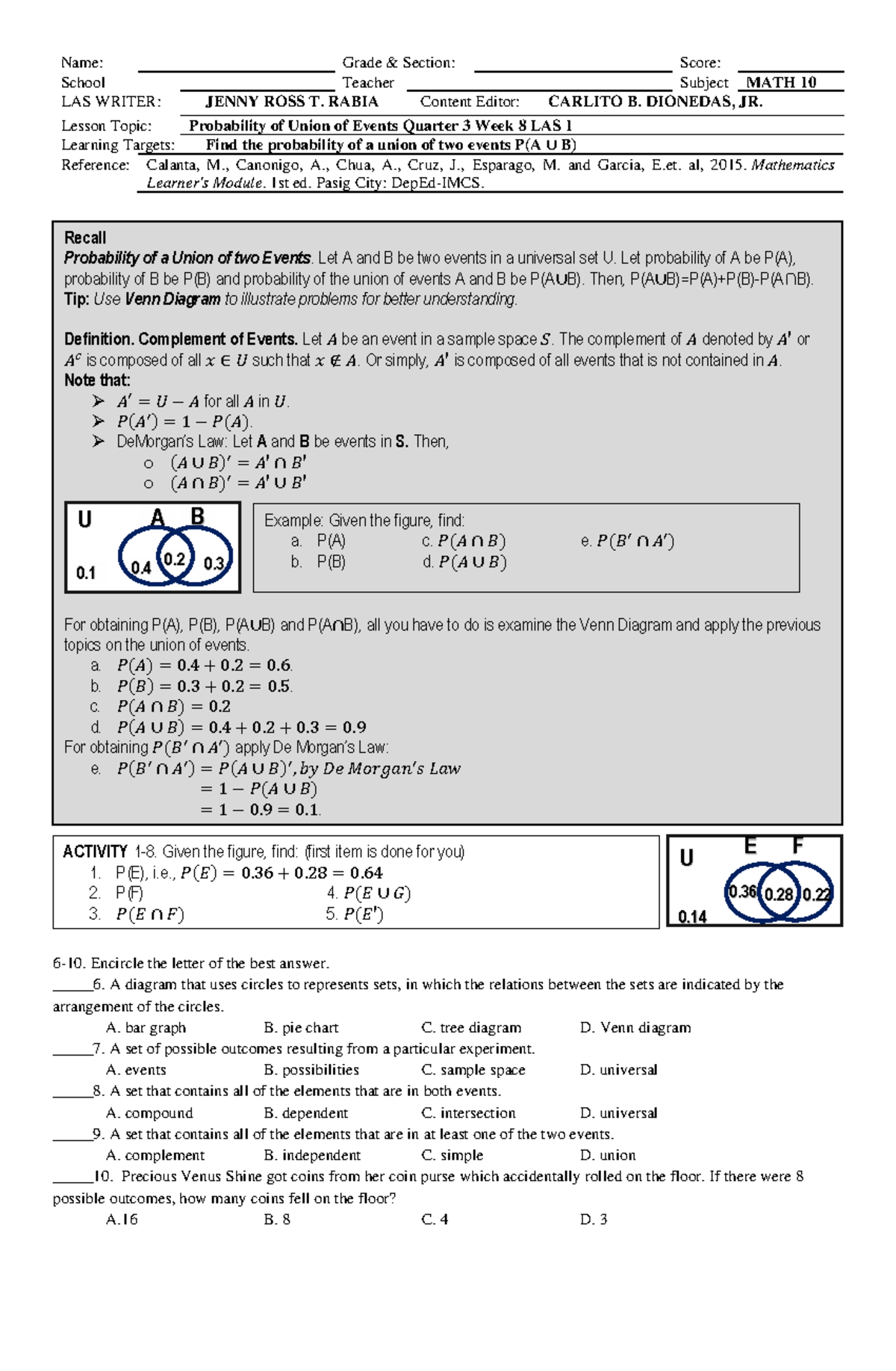MATH10 Q3 WK8 LAS1 - Probability of Union of Events - Studocu