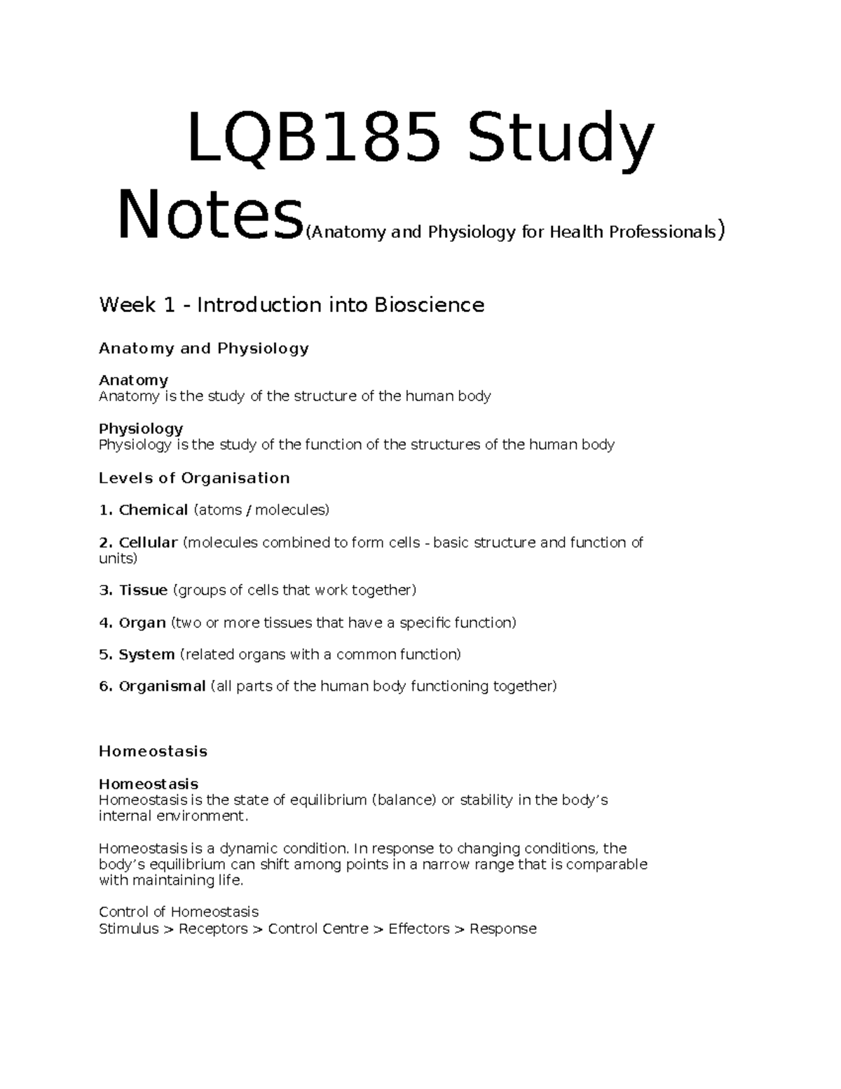 LQB185 Final Exam Study Notes: Anatomy & Physiology Overview - Studocu